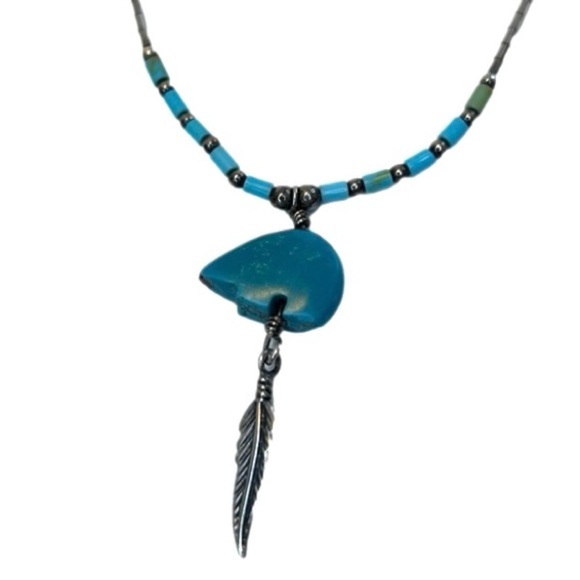 Vintage  Liquid Silver Necklace 16” Turquoise Bear Pendant Feather Sterling 925 - Picture 2 of 7